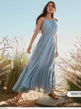LOFT Pale Blue Striped Sleeveless Tiered Maxi Dress with Waist Tie